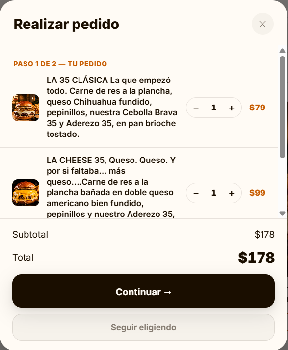 Carrito de la tienda de demostración de LA 35 con dos hamburguesas, subtotal y total de 178 pesos