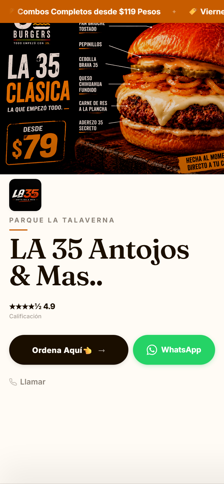 Tienda de demostración de LA 35 Antojos y Mas, hecha con Fluhio: foto de la hamburguesa, nombre del negocio y los botones Ordena aquí y WhatsApp